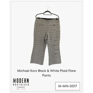 Michael Kors Women's Plaid Flare Crop Pants XL Black White Gold Button Trousers